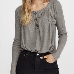 Free People Gray Thermal Button-Up Top